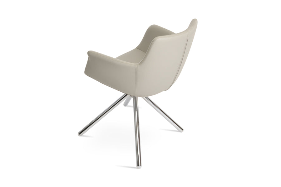 Bottega Swivel Stick Armchair-Leather by SohoConcept, showing back view of bottega swivel stick armchair in chrome/light grey leatherette.