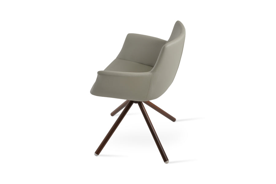 Bottega Swivel Stick Armchair-Leather by SohoConcept, showing side view of bottega swivel stick armchair in walnut veneer steel/light grey leatherette.
