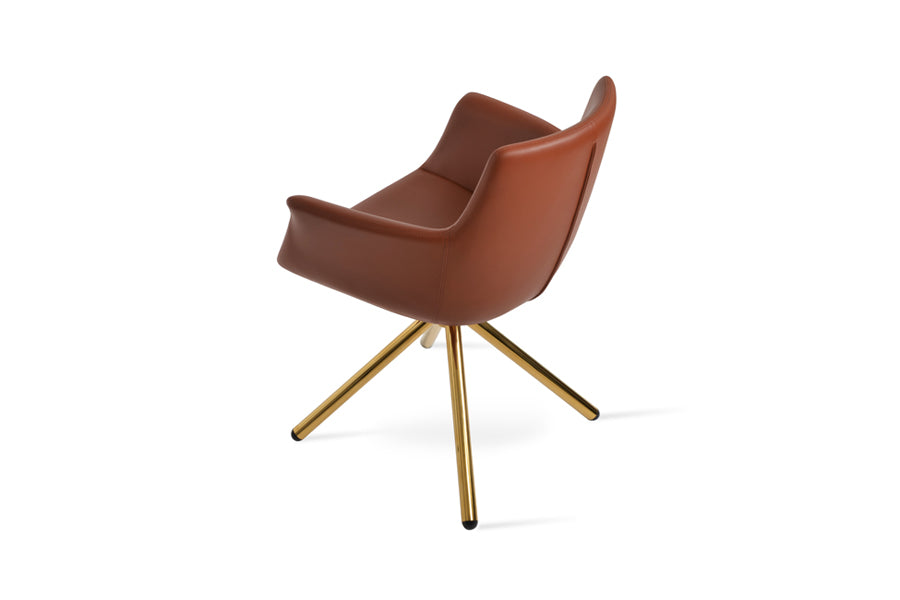 Bottega Swivel Stick Armchair-Leather by SohoConcept, showing back view of bottega swivel stick armchair in gold steel/cinnamon ppm-fr.