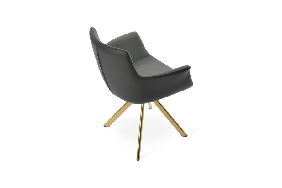 Bottega Sword Dining Armchair by SohoConcept, showing back view of bottega sword dining armchair in gold steel/camira era grey fabric.