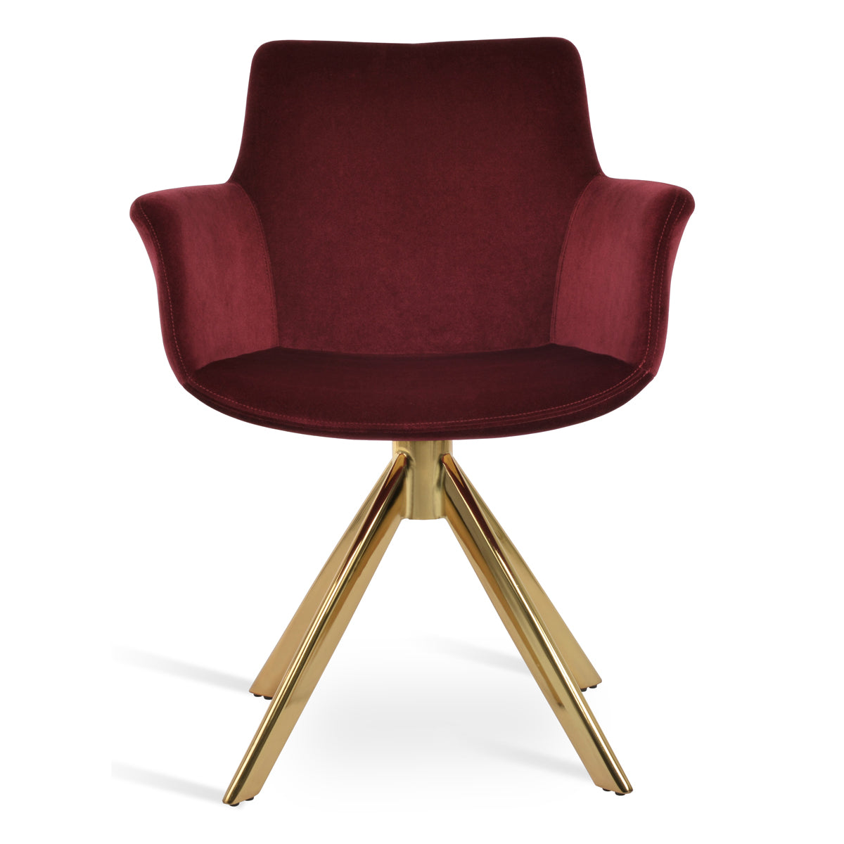 Bottega Sword Dining Armchair by SohoConcept, showing front view of bottega sword dining armchair in gold steel/velvet cherry fabric.
