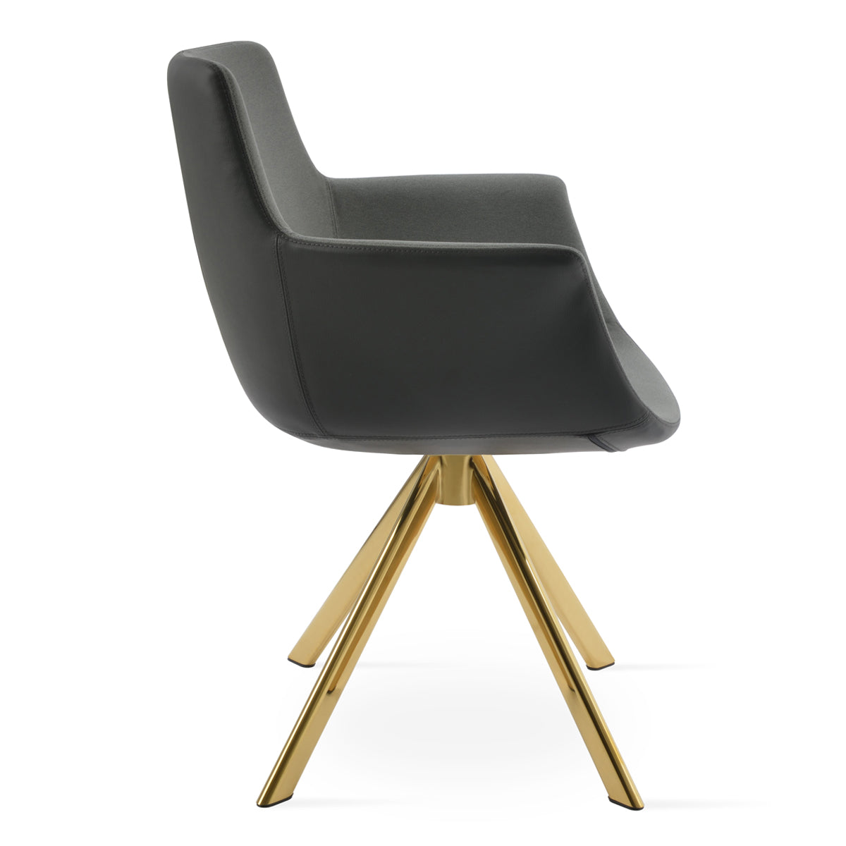 Bottega Sword Dining Armchair by SohoConcept, showing side view of bottega sword dining armchair in gold steel/camira era grey fabric.