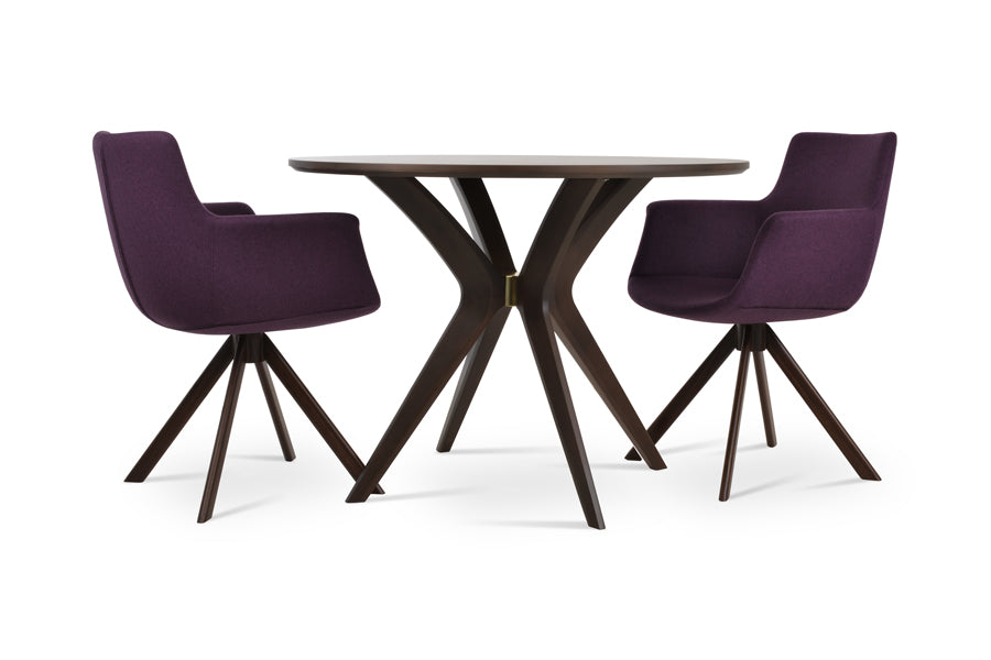 Bottega Sword Dining Armchair by SohoConcept, showing angle/back view of bottega sword dining armchairs in walnut veneer steel/camira blazer new deep maroon wool with table.