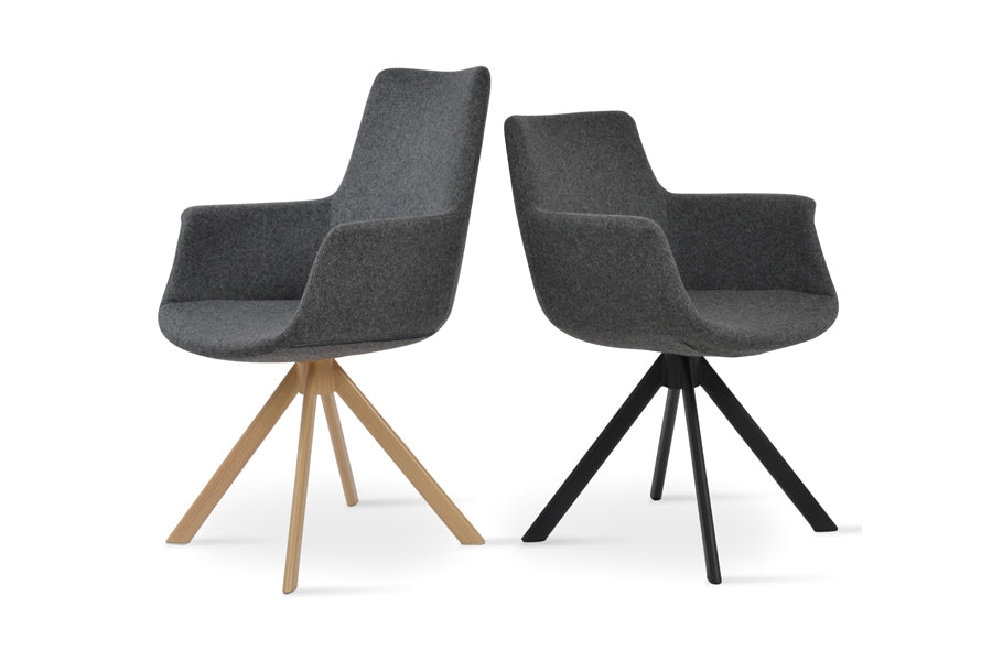 Bottega Sword Dining Armchair by SohoConcept, showing angle view of bottega sword dining armchairs in natural veneer steel & black paint steel/camira blazer dark grey wool.