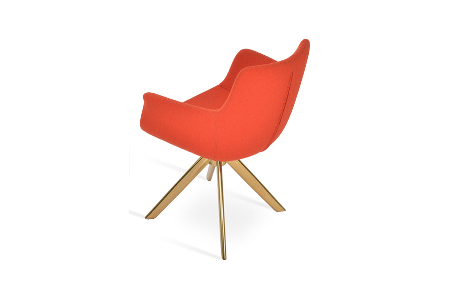 Bottega Sword Dining Armchair by SohoConcept, showing back view of bottega sword dining armchair in gold steel/camira yoredale orange boucle fabric.