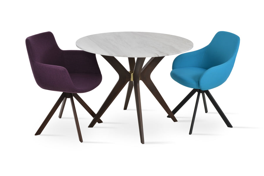 Bottega Sword Dining Armchair by SohoConcept, showing angle view of bottega sword dining armchair in walnut veneer steel/camira blazer new deep maroon wool with chair & table.