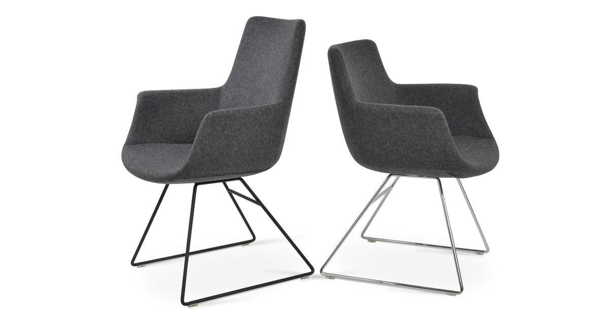 Bottega Wire Armchair-Fabric by SohoConcept, showing angle view of bottega wire armchairs in black wire/camira blazer dark grey wool.