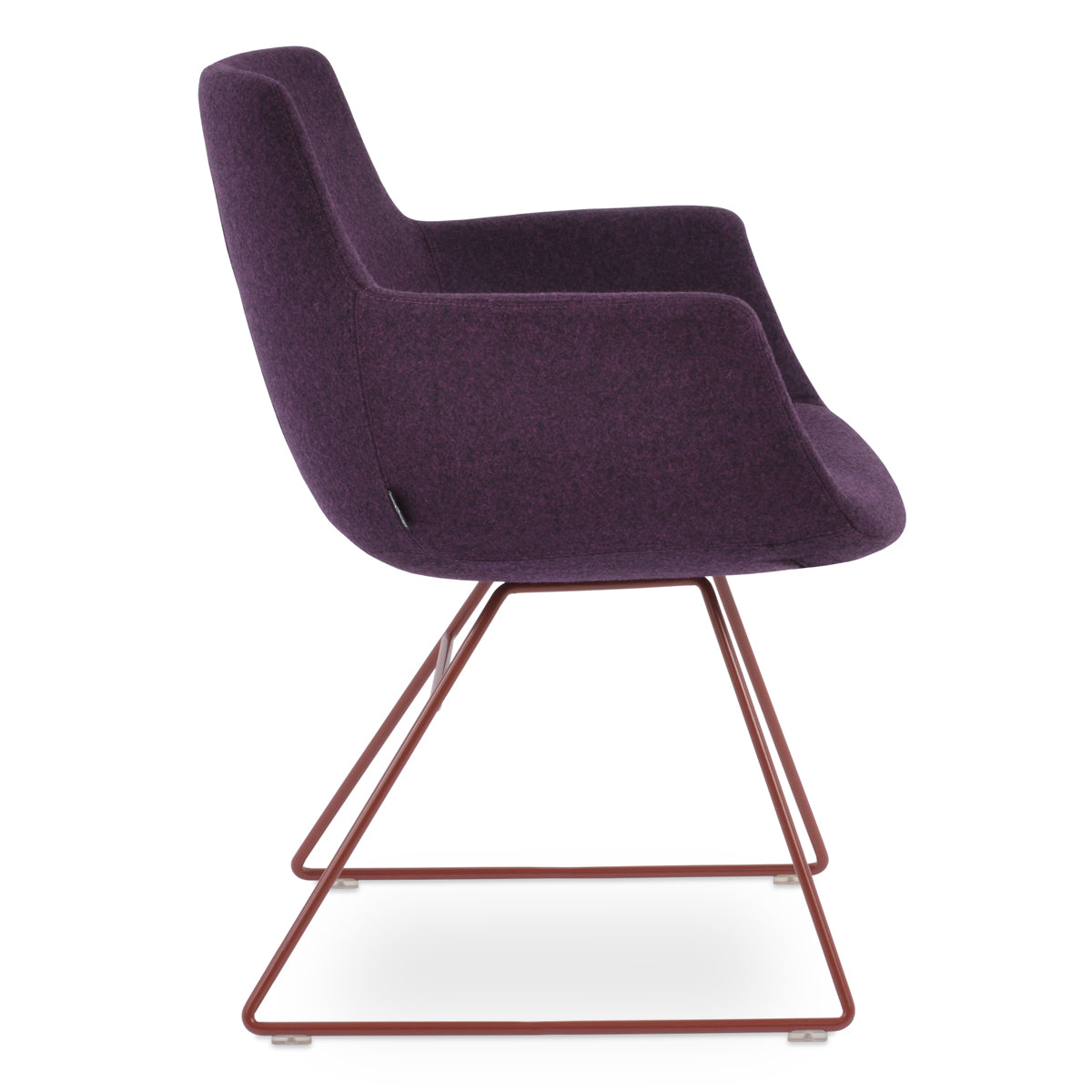Bottega Wire Armchair-Fabric by SohoConcept, showing side view of bottega wire armchair in red wire/camira blazer new deep maroon wool.