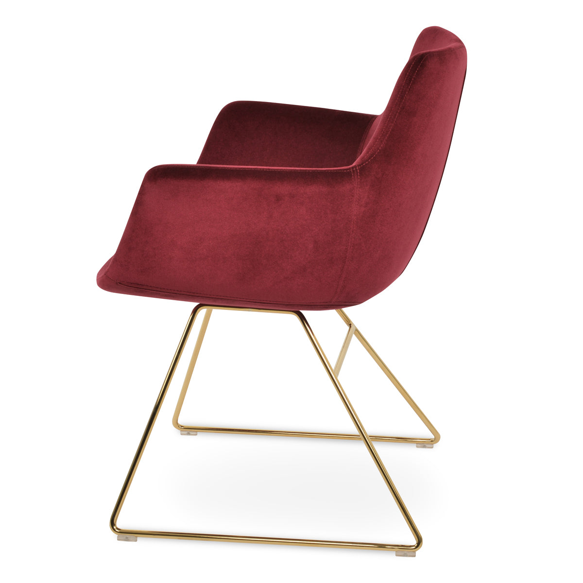 Bottega Wire Armchair-Fabric by SohoConcept, showing side view of bottega wire armchair in gold plated wire/velvet cherry fabric.