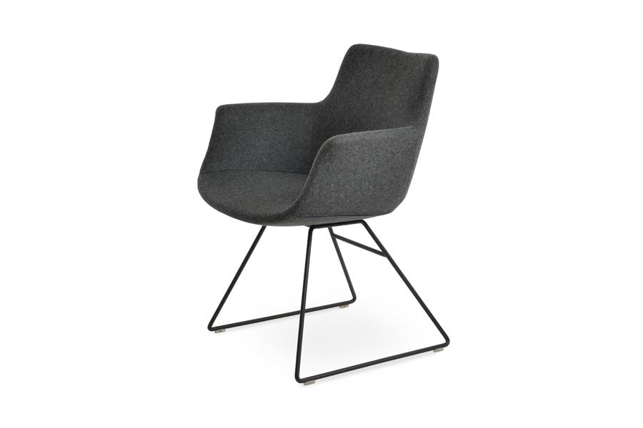 Bottega Wire Armchair-Fabric by SohoConcept, showing angle view of bottega wire armchair in black wire/camira blazer dark grey wool.