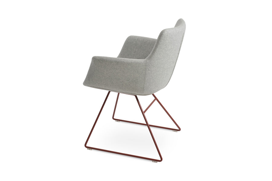 Bottega Wire Armchair-Fabric by SohoConcept, showing side view of bottega wire armchair in red wire/camira blazer sliver wool.