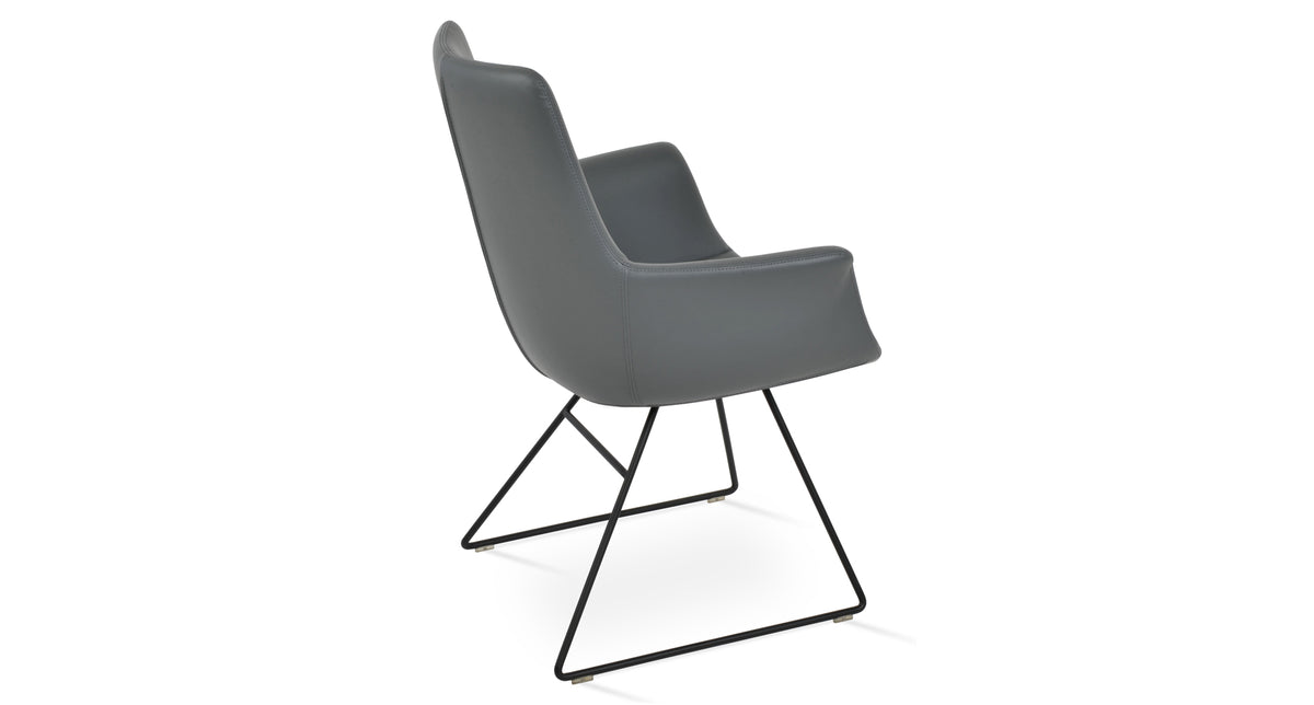 Bottega Wire Armchair-Leather by SohoConcept, showing side view of bottega wire armchair in black wire/grey leatherette.