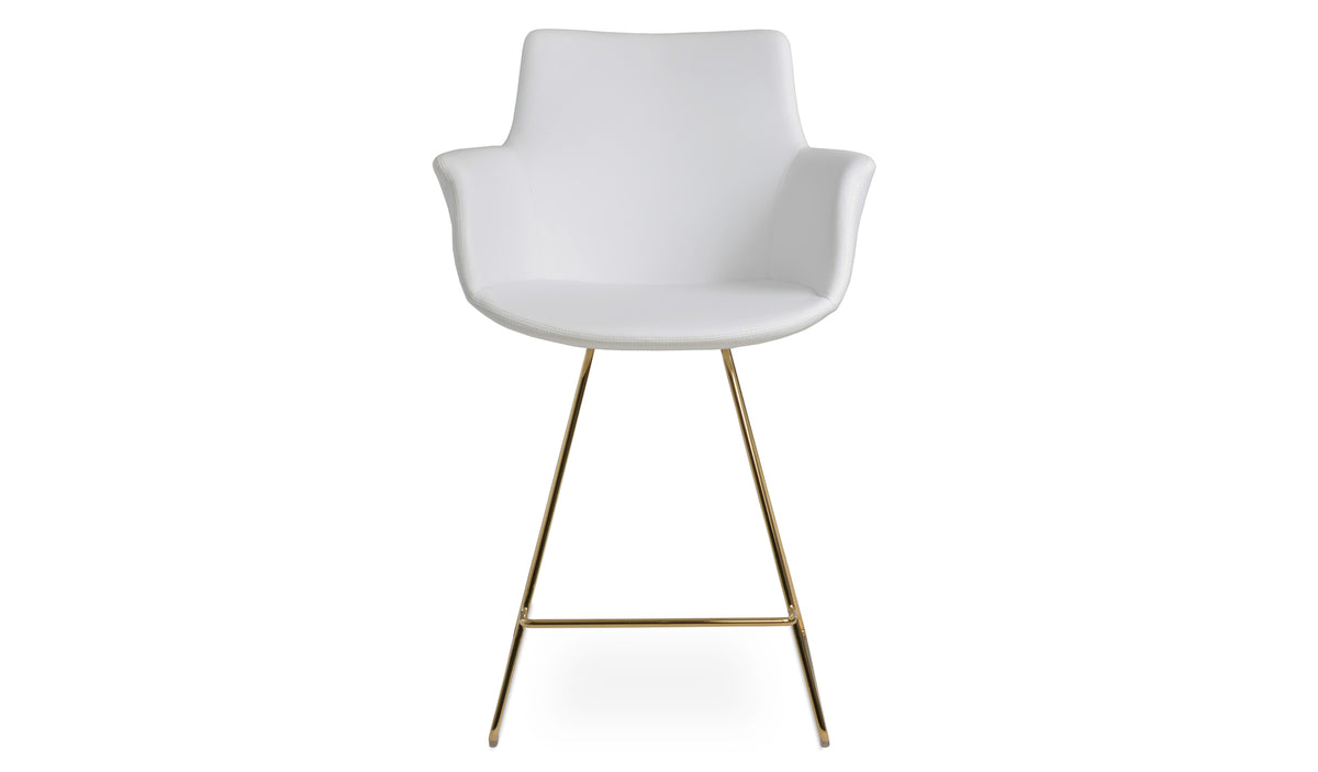 Bottega Wire Bar Stool-Leather by SohoConcept, showing front view of bottega wire bar stool in gold plated wire/white leatherette.