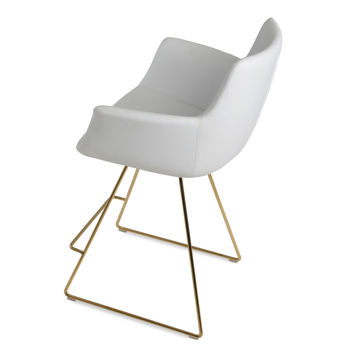 Bottega Wire Bar Stool-Leather by SohoConcept, showing side view of bottega wire bar stool in gold plated wire/white leatherette.