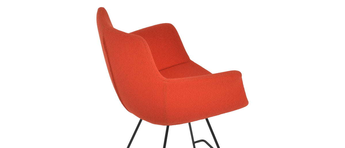 Bottega Wire Counter Stool by SohoConcept, showing closeup view of bottega wire counter stool in black wire/camira yoredale orange boucle fabric.