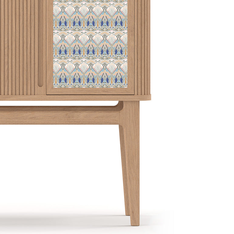 BPS Highboard No. 220 by Bernh. Pedersen & Son, showing closeup view of bsp highboard no. 220 in solid oak/front door liberty tana lawn fabrics group.
