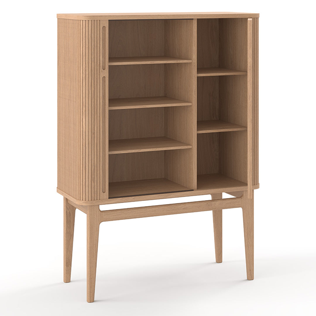 BPS Highboard No. 220 by Bernh. Pedersen & Son, showing angle view of opened bsp highboard no. 220 in solid oak.