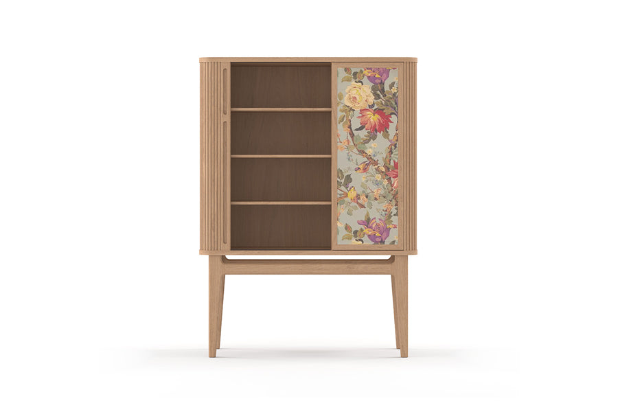 BPS Highboard No. 220 by Bernh. Pedersen & Son, showing front view of opened bsp highboard no. 220 in solid oak/front door liberty tana lawn fabrics group.