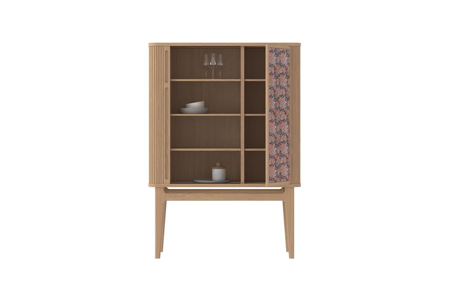 BPS Highboard No. 220 by Bernh. Pedersen & Son, showing front view of opened bsp highboard no. 220 in solid oak/front door liberty tana lawn fabrics group.