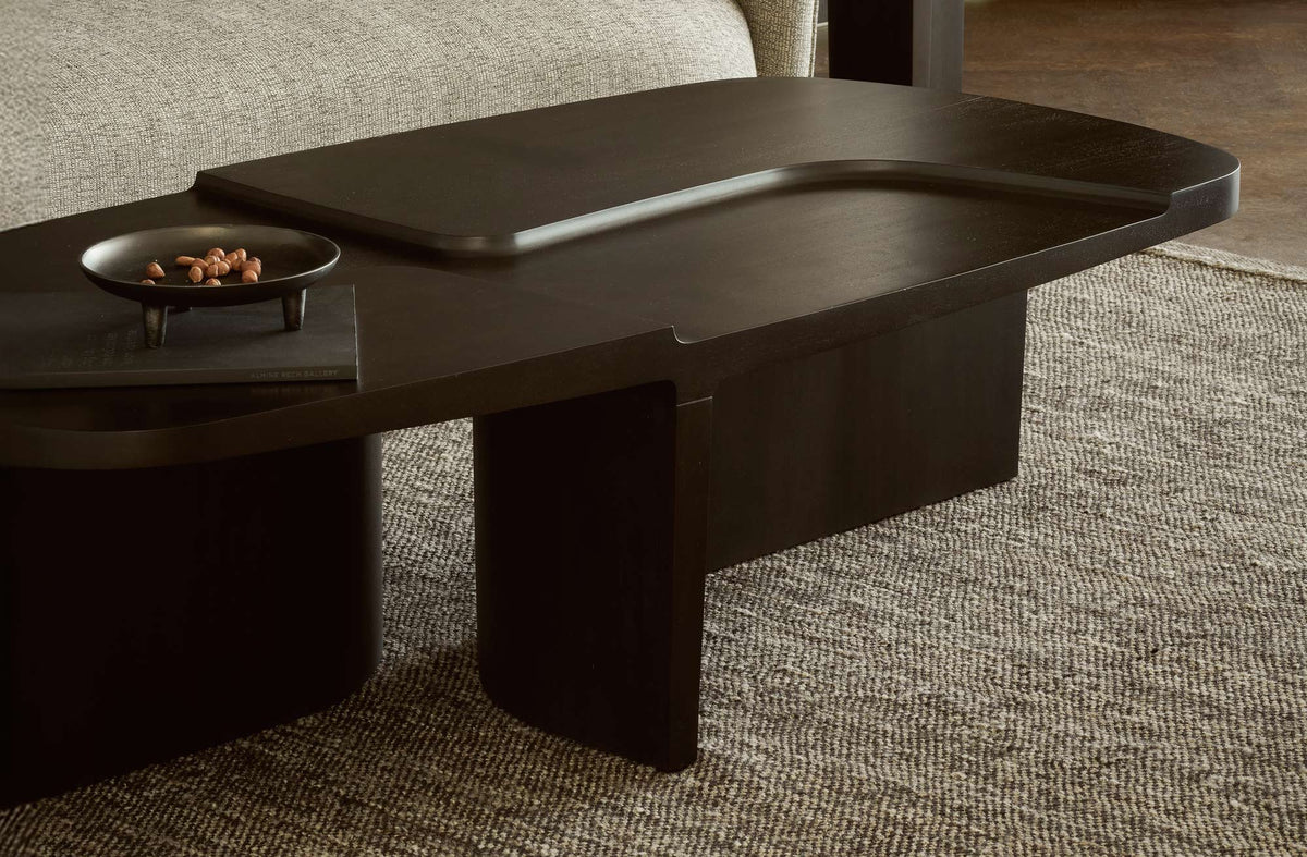 Brutalist Coffee Table by Ethnicraft, showing closeup view of brutalist coffee table in live shot.