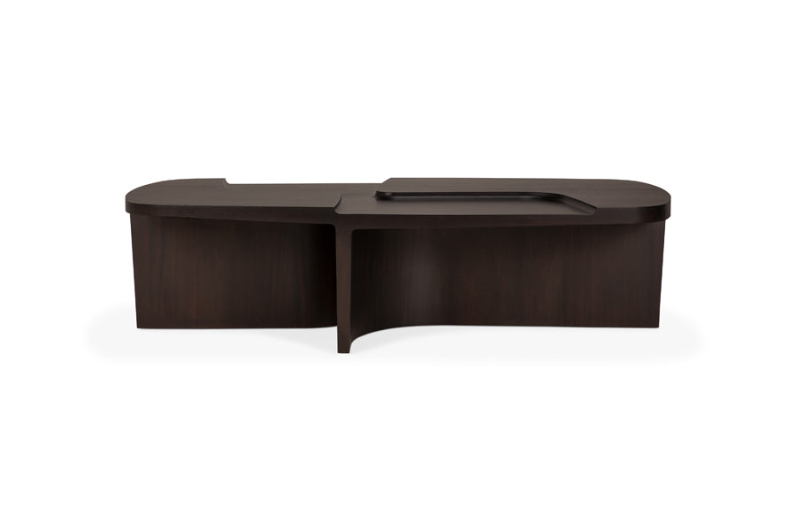 Brutalist Coffee Table by Ethnicraft, showing front view of brutalist coffee table in mahogany rose brown wood.