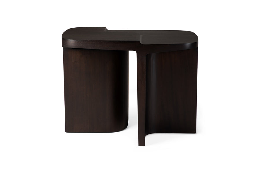 Brutalist Side Table by Ethnicraft, showing front view of brutalist side table in mahogany rose brown.