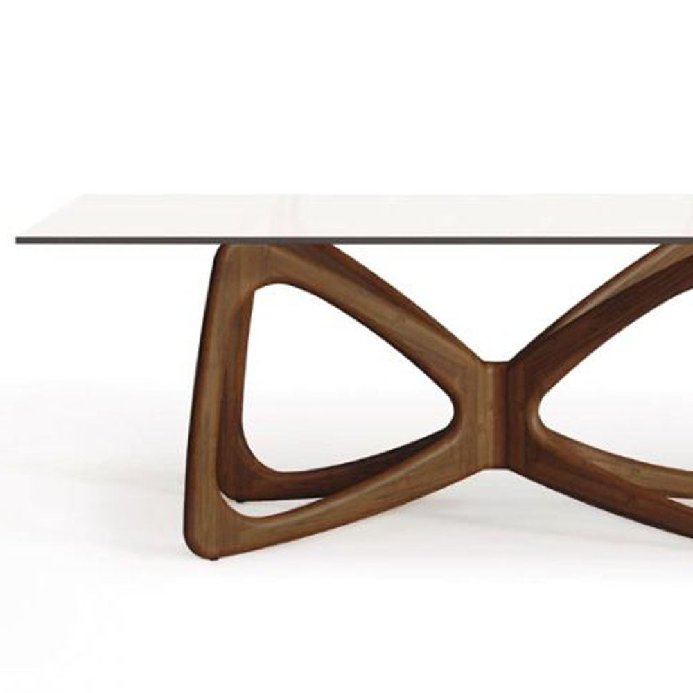 Butterfly Glass Top Dining Table by Copeland Furniture, showing closeup view of butterfly glass top dining table.