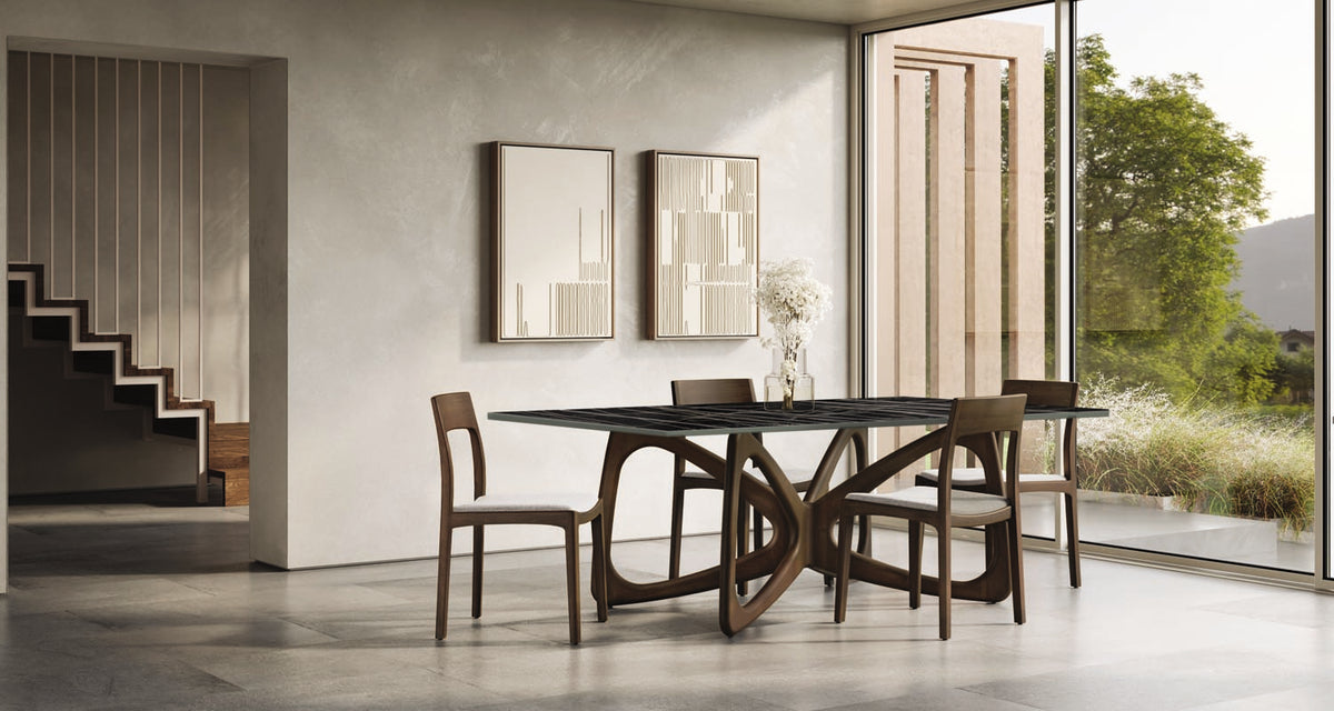 Butterfly Sintered Stone Top Dining Table by Copeland Furniture, showing butterfly sintered stone top dining table in live shot.