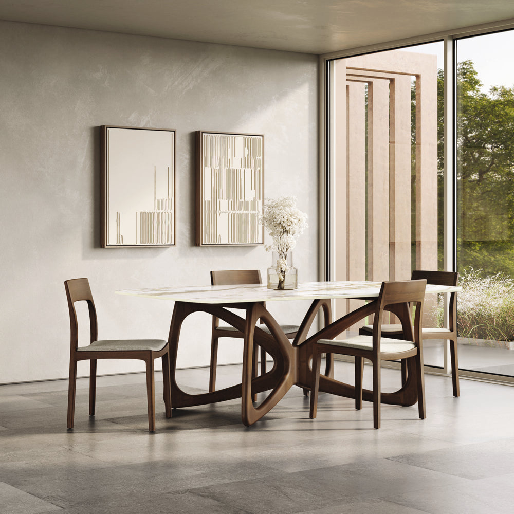 Butterfly Sintered Stone Top Dining Table by Copeland Furniture, showing butterfly sintered stone top dining table in live shot.
