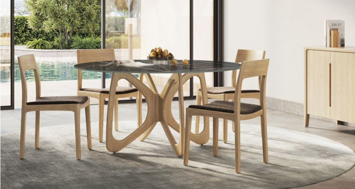 Butterfly Sintered Stone Top Round Dining Table by Copeland Furniture, showing butterfly sintered stone top round dining table in live shot.