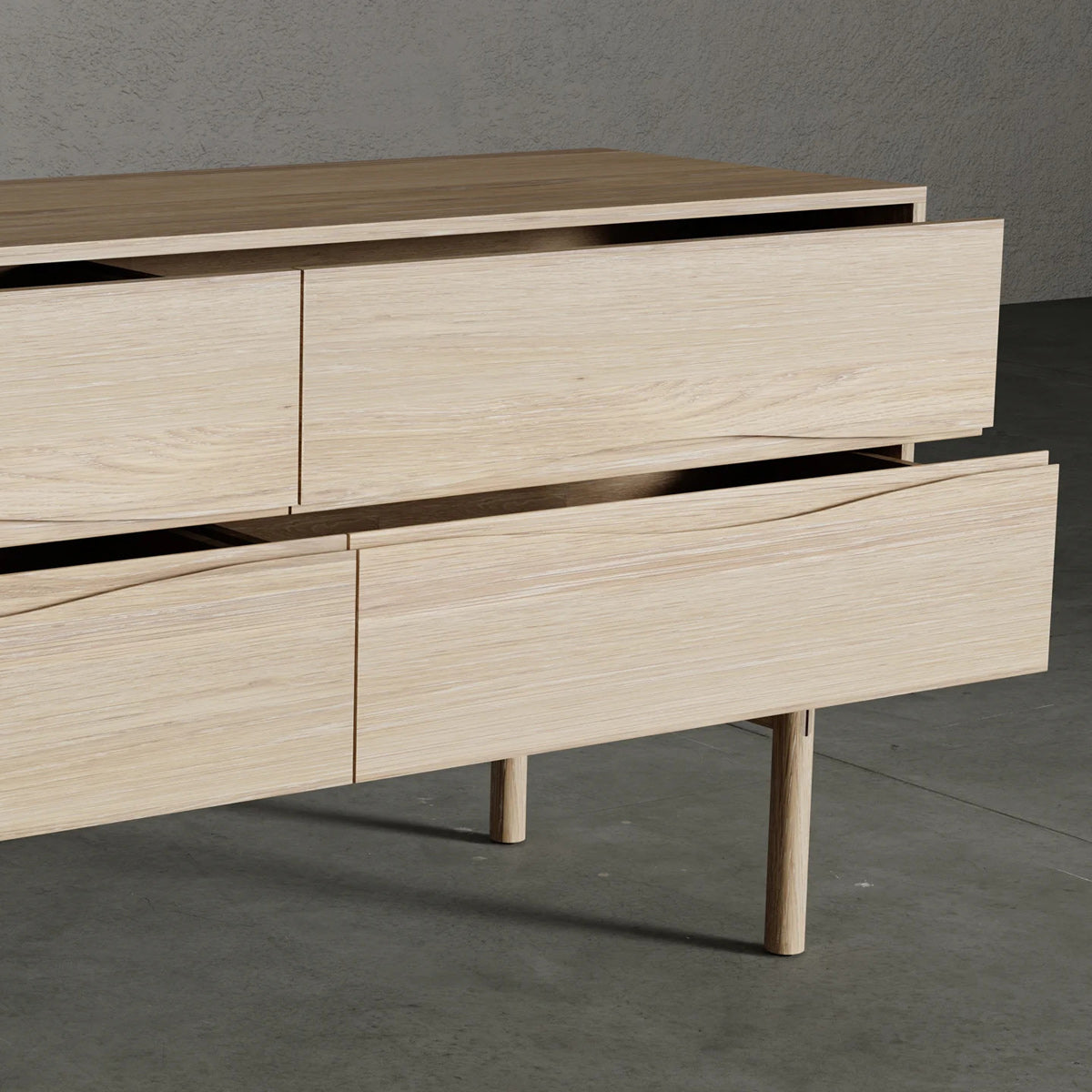 Calder Double Dresser by Viesso, showing closeup view of calder double dresser in live shot.