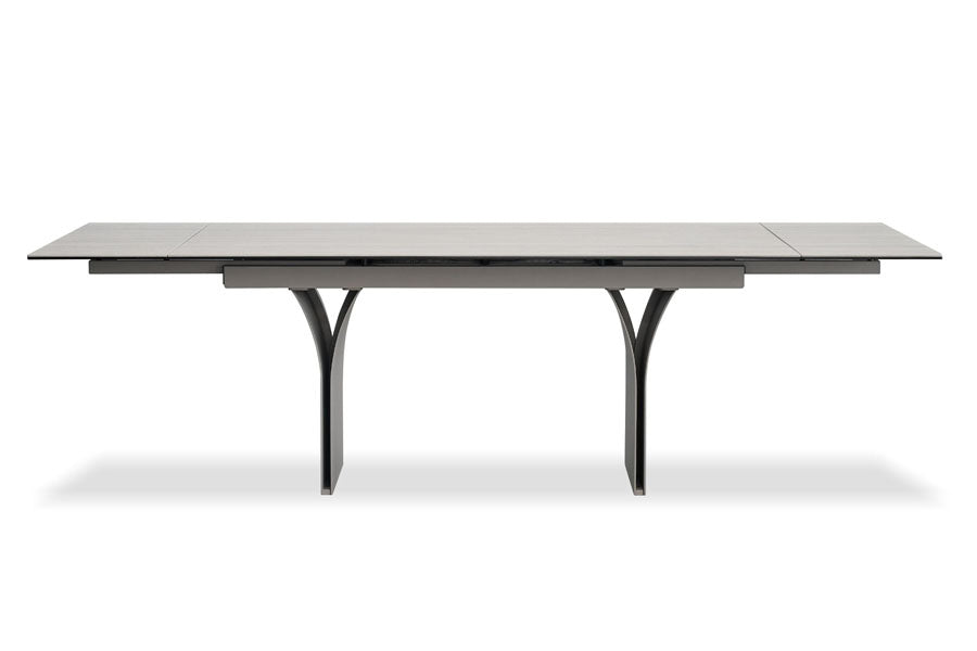 Camber Double Extension Dining Table by Mobital, showing front view of camber double extension dining table.