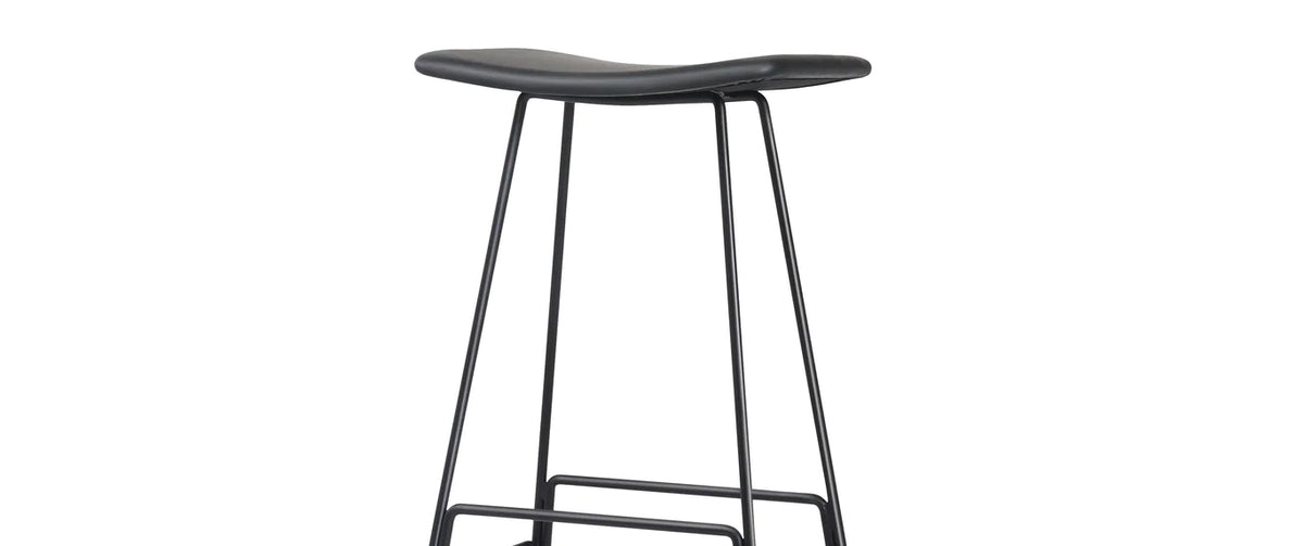 Canaria Stool by Mobital, showing closeup view of canaria stool in 30" bar height/black leather seat/black powder coated legs.