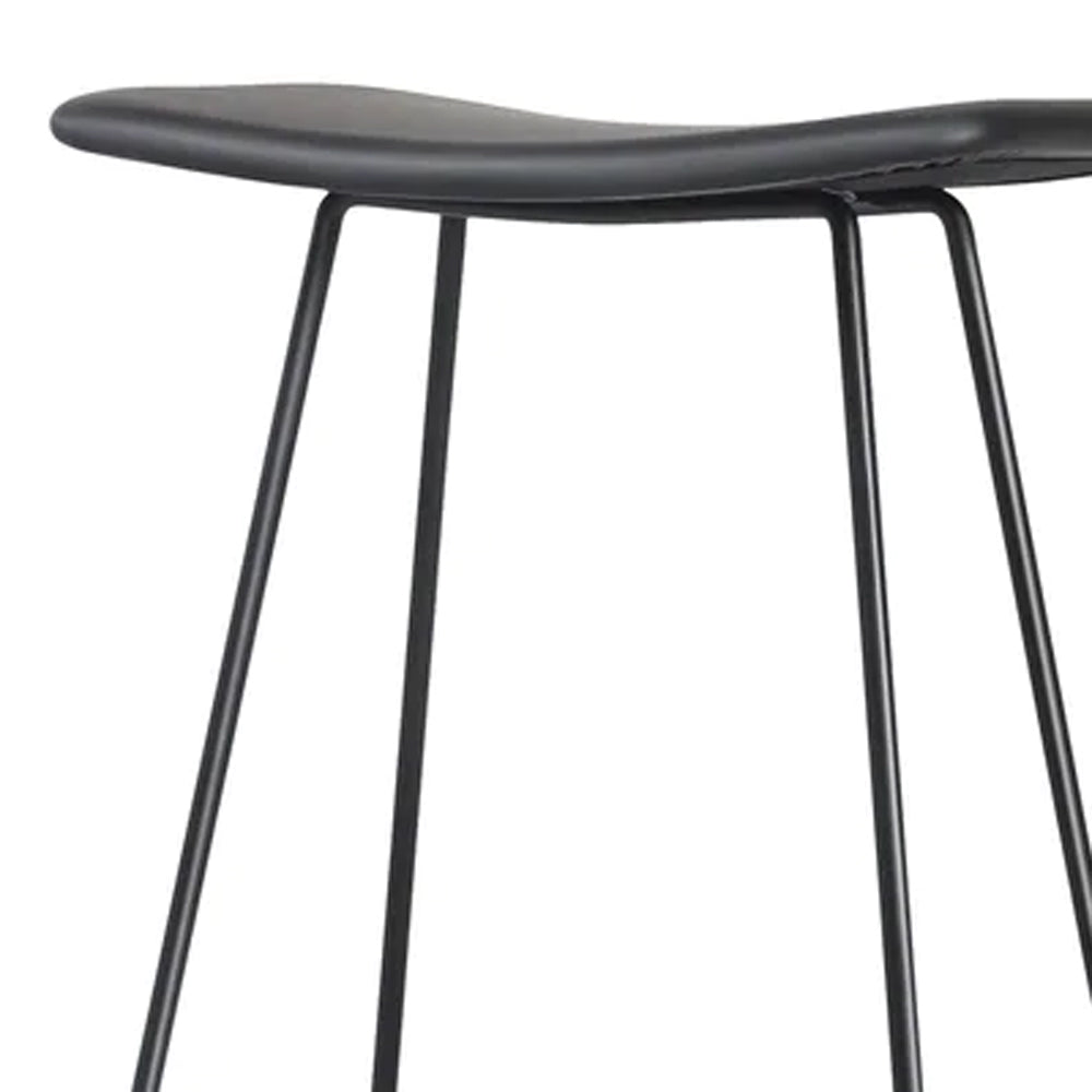 Canaria Stool by Mobital, showing closeup view of canaria stool in 26" counter height/black leather seat/black powder coated legs.