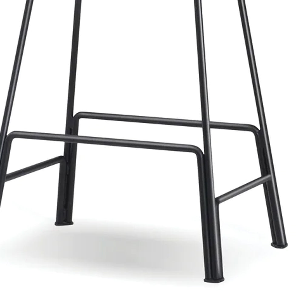 Canaria Stool by Mobital, showing closeup view of canaria stool in 30" bar height/black leather seat/black powder coated legs.