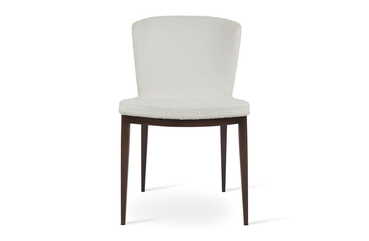 Capri MW Dining Chair by SohoConcept, showing front view of capri mw dining chair in walnut veneer steel/boucle white extra loop fabric.