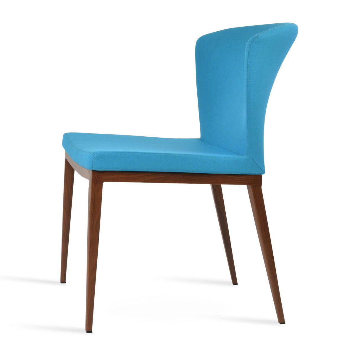 Capri MW Dining Chair by SohoConcept, showing side view of capri mw dining chair in walnut veneer steel/camira era turquoise fabric.