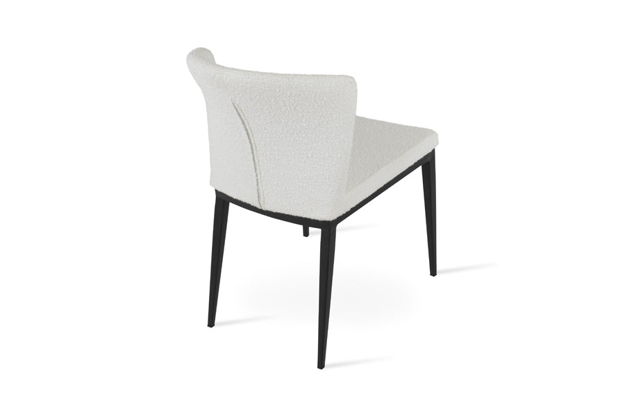 Capri MW Dining Chair by SohoConcept, showing back view of capri mw dining chair in black powder veneer steel/boucle white extra loop fabric.