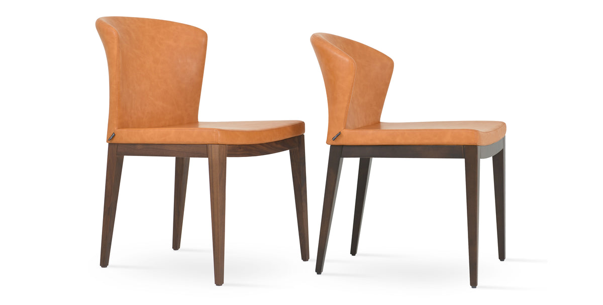 Capri Wood Dining Chair by SohoConcept, showing angle view of capri wood dining chairs in original american walnut wood/caramel ppm & beech wenge wood/caramel ppm(low back).