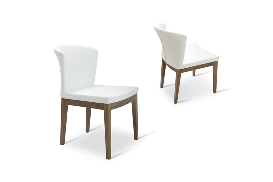 Capri Wood Dining Chair by SohoConcept, showing angle/back view of capri wood dining chairs in original american walnut wood/white ppm.