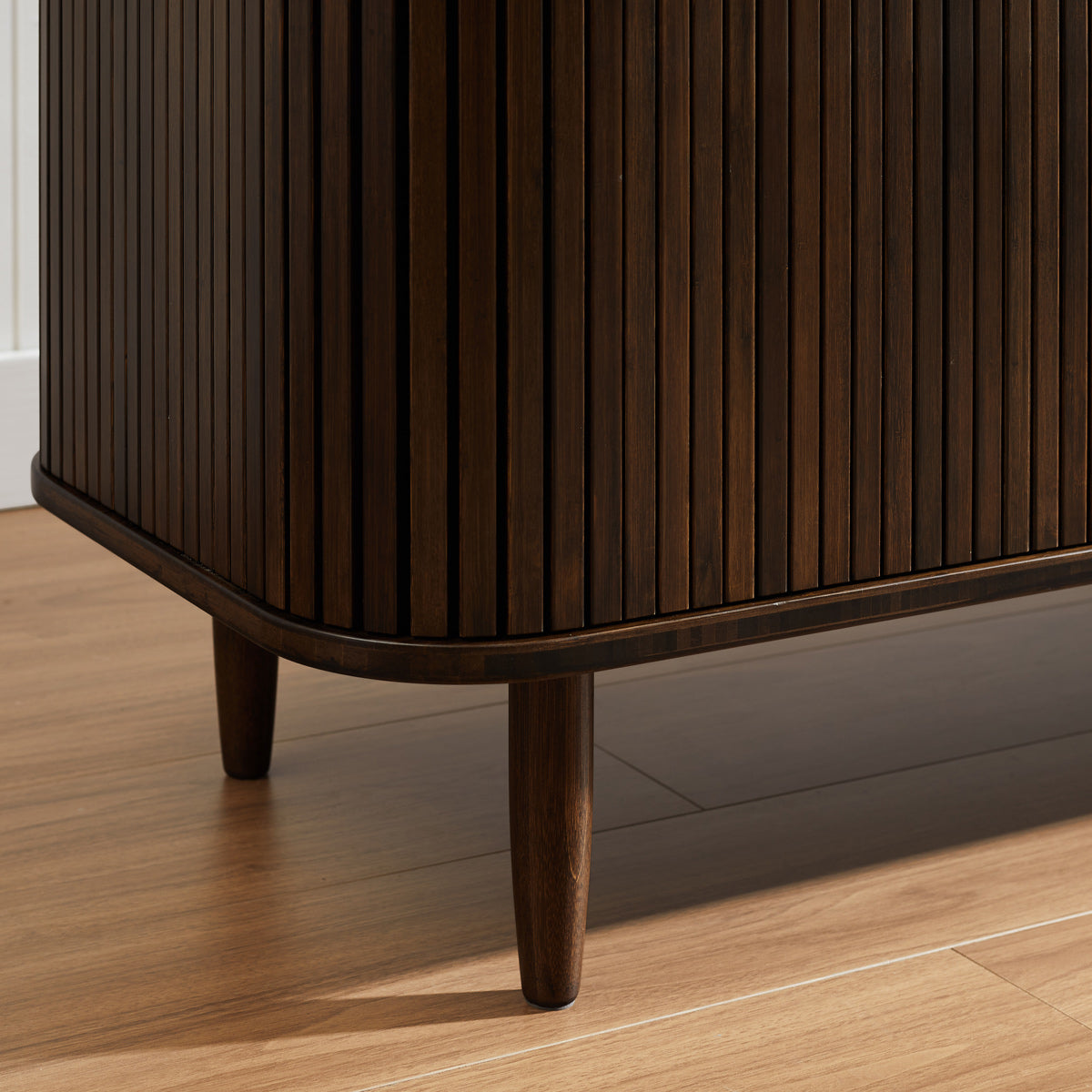 Carmel Console Table by Greenington, showing closeup view of carmel console table in live shot.