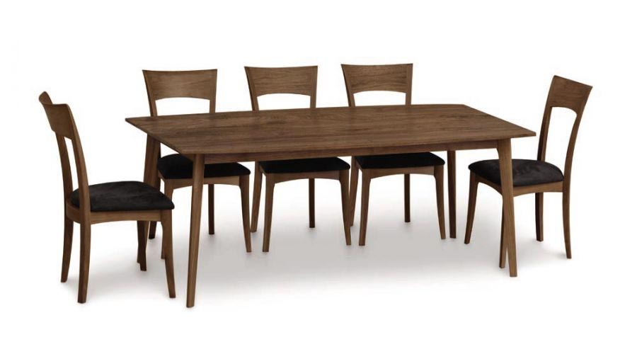 Catalina Dining Table Fixed Top by Copeland Furniture, showing front view of natural walnut catalina dining table fixed top with chair.