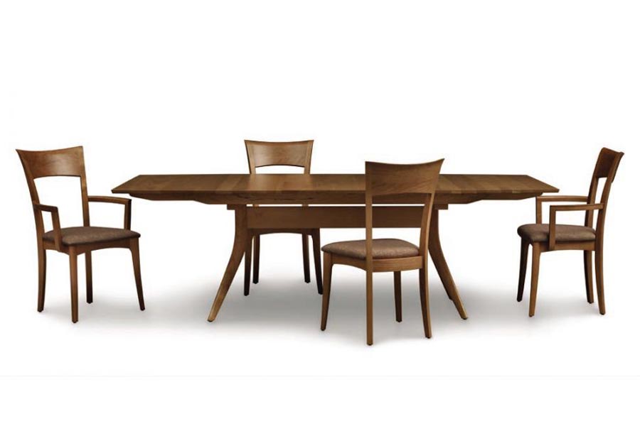 Catalina Trestle Extensions Table by Copeland Furniture, showing front view of catalina trestle extensions table with chair.