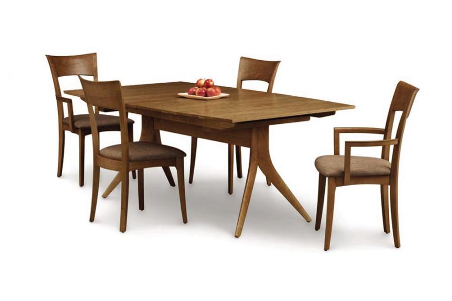 Catalina Trestle Extensions Table by Copeland Furniture, showing angle view of catalina trestle extensions table with chair.