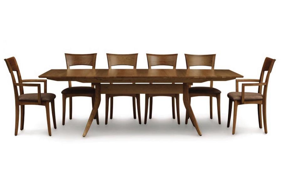 Catalina Trestle Extensions Table by Copeland Furniture, showing front view of catalina trestle extensions table with chair.