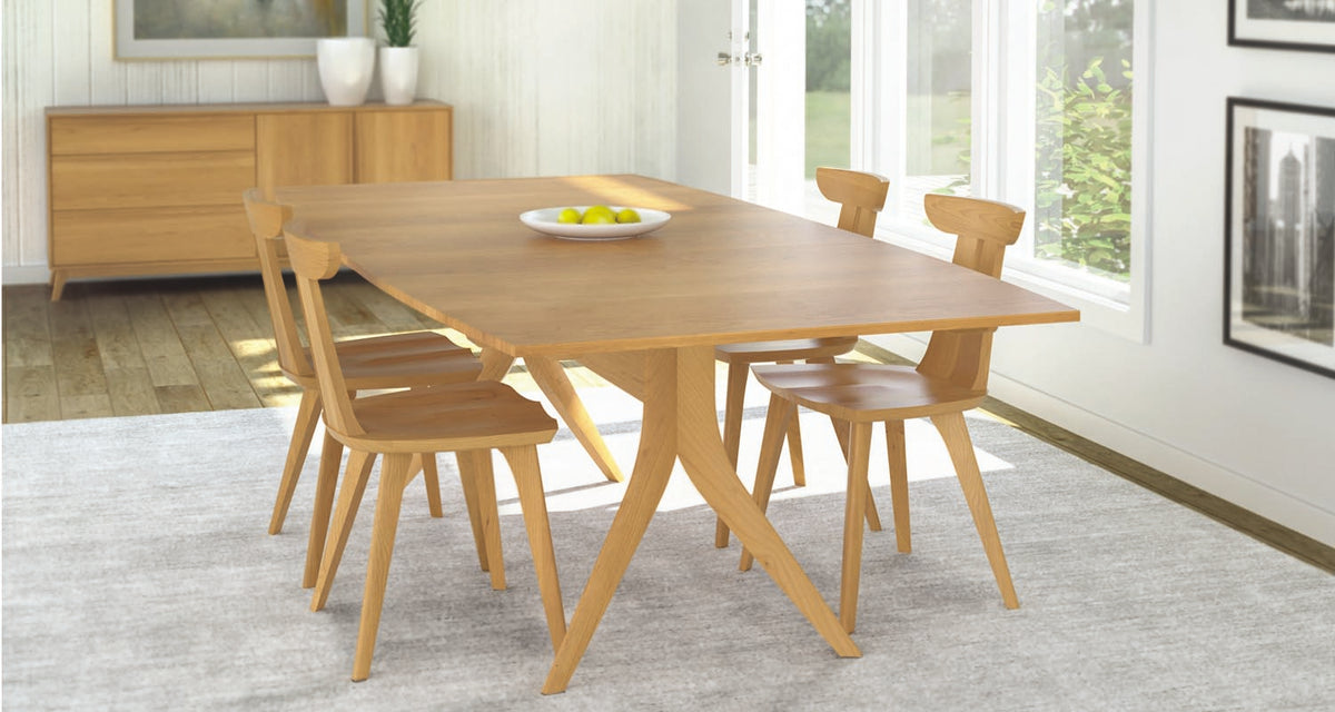 Catalina Trestle Extensions Table by Copeland Furniture, showing catalina trestle extensions table with chair in live shot.