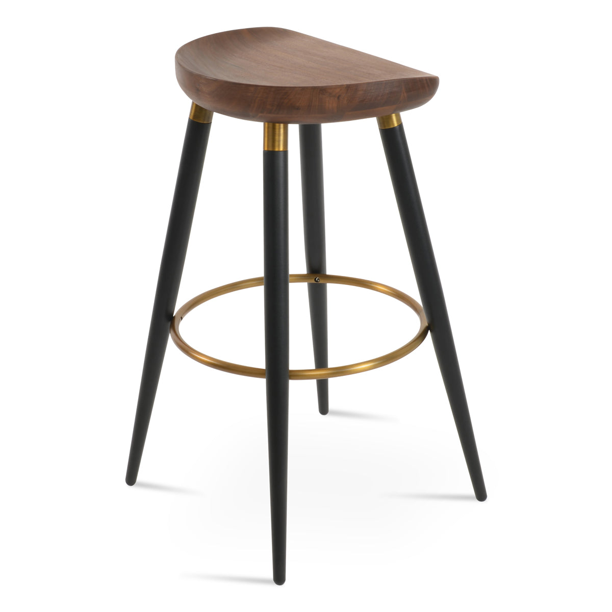 Cattelan Ana Stool by SohoConcept, showing back view of cattelan ana stool in black powder steel with brass ring and footrest/original walnut wood.