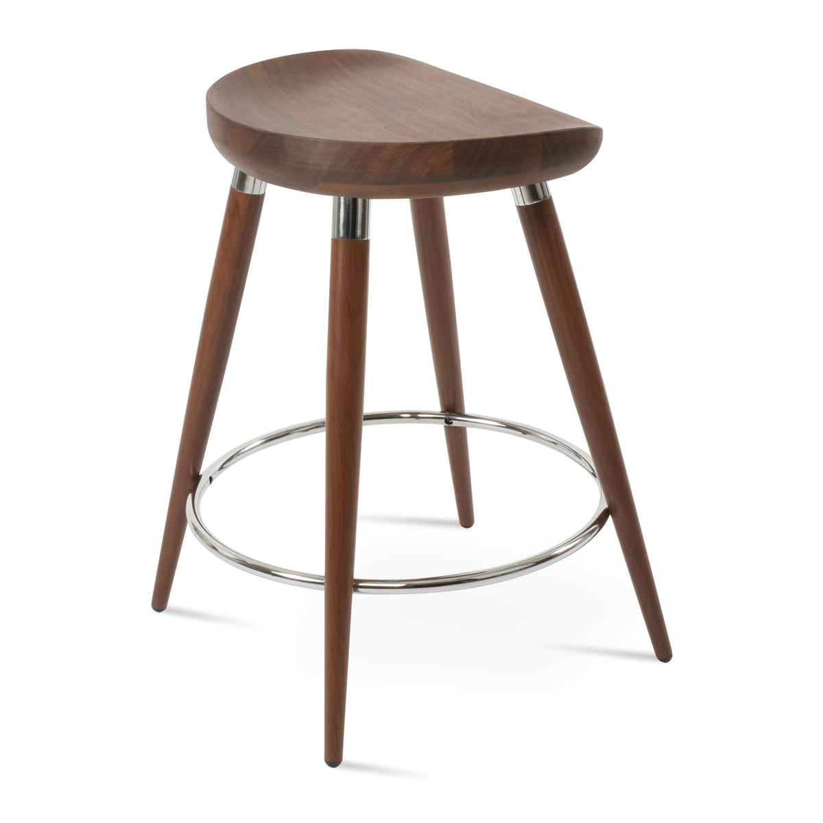 Cattelan Ana Stool by SohoConcept, showing back view of cattelan ana stool in walnut veneer steel with chrome ring and footrest/original walnut wood.