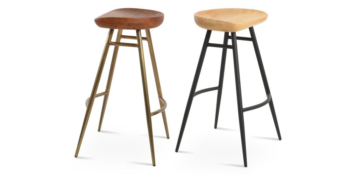 Cattelan Galata Stool by SohoConcept, showing different angle views of cattelan galata stools in brass plated steel/antique brushed ash wood & black powder steel/natural ash wood.