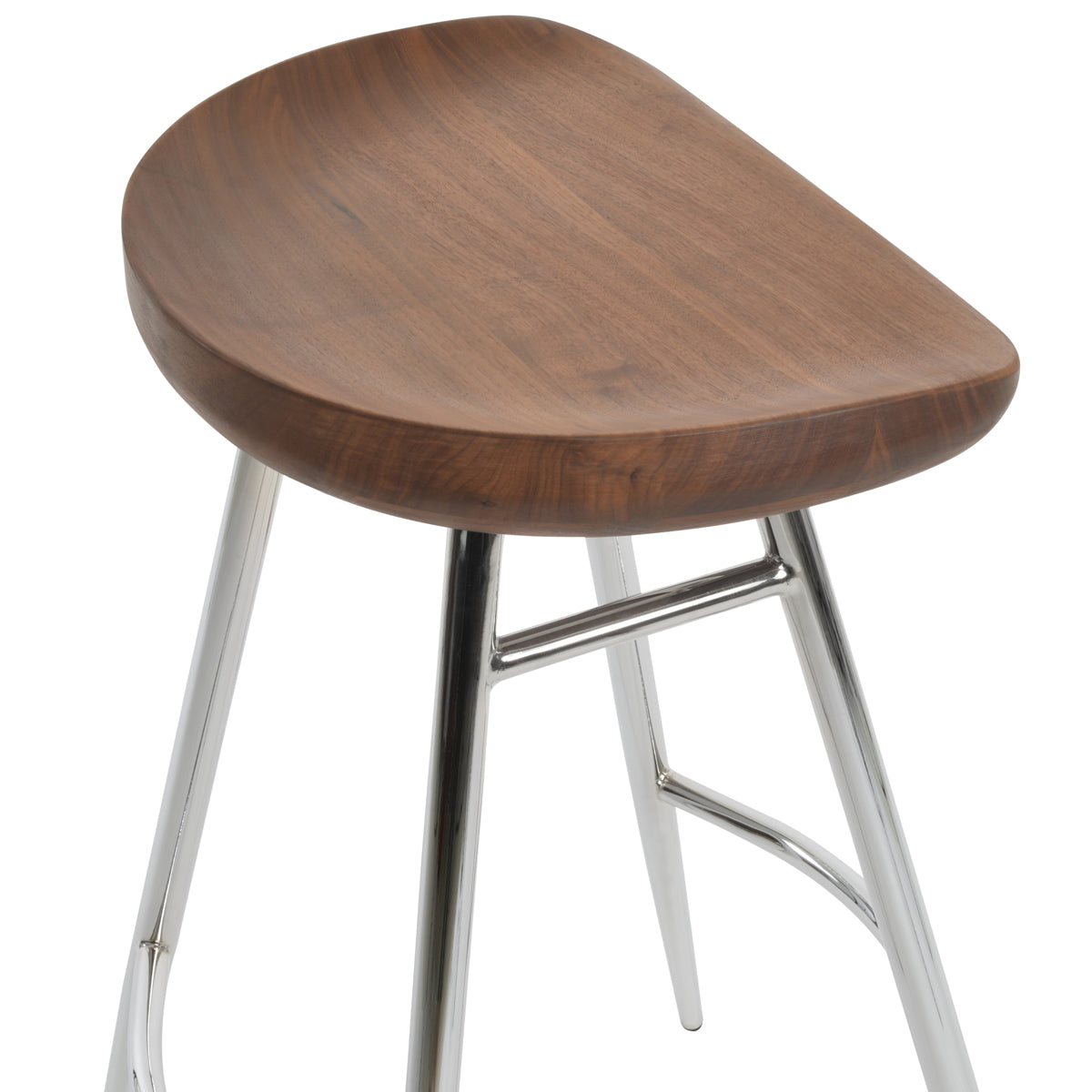 Cattelan Galata Stool by SohoConcept, showing closeup view of cattelan galata stool in chrome/original walnut wood.
